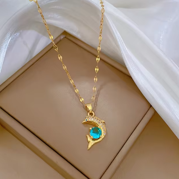The Ocean Charm Blue Zircon Dolphin Pendant Necklace in Stainless Steel