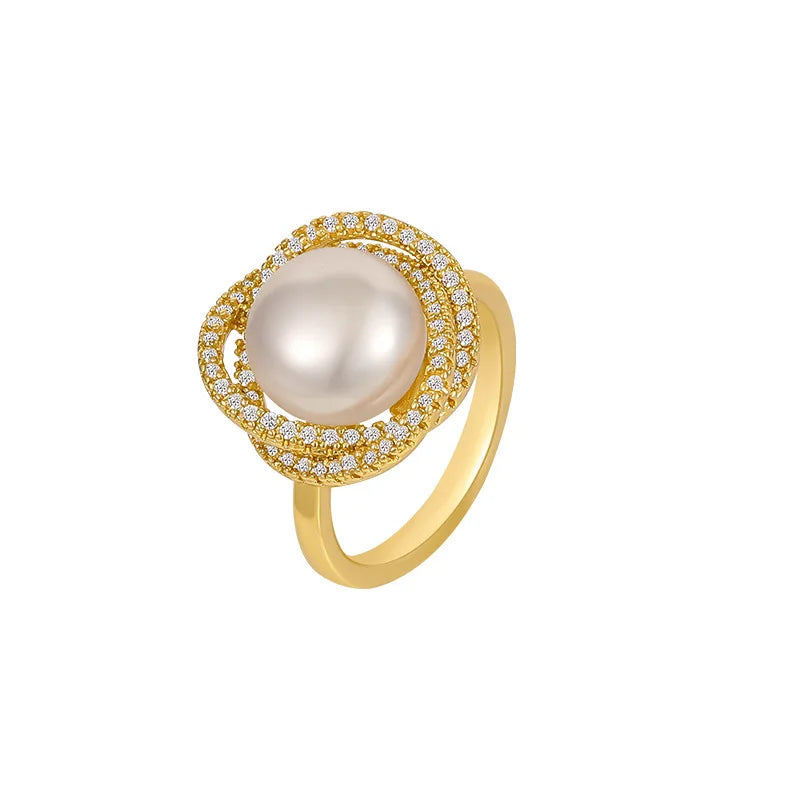 The Rose & Pearl Inlay Ring in Golden Finish